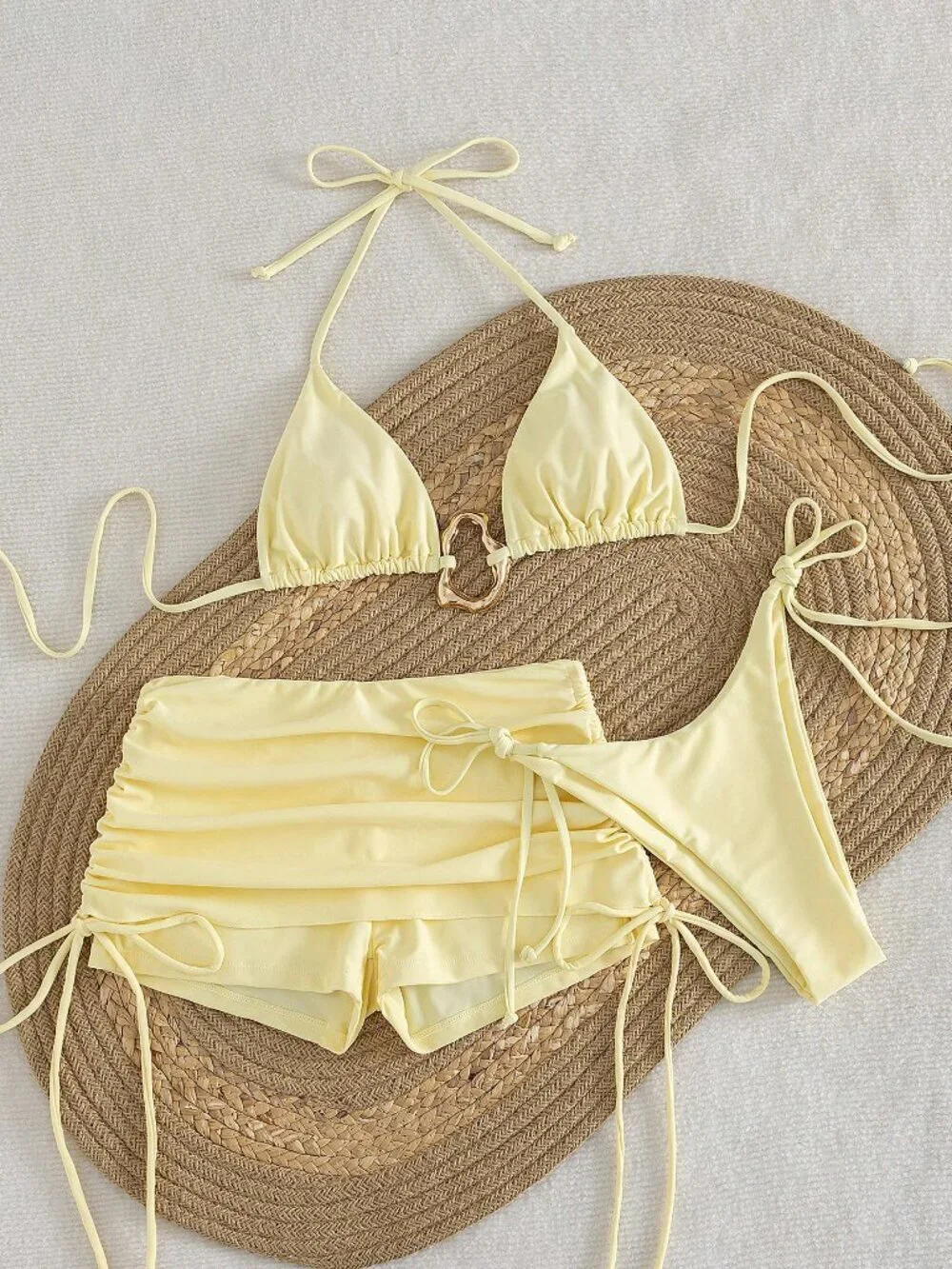 Yellow Elegant Women's Bikini Swimwear Set Backless Top & Shorts